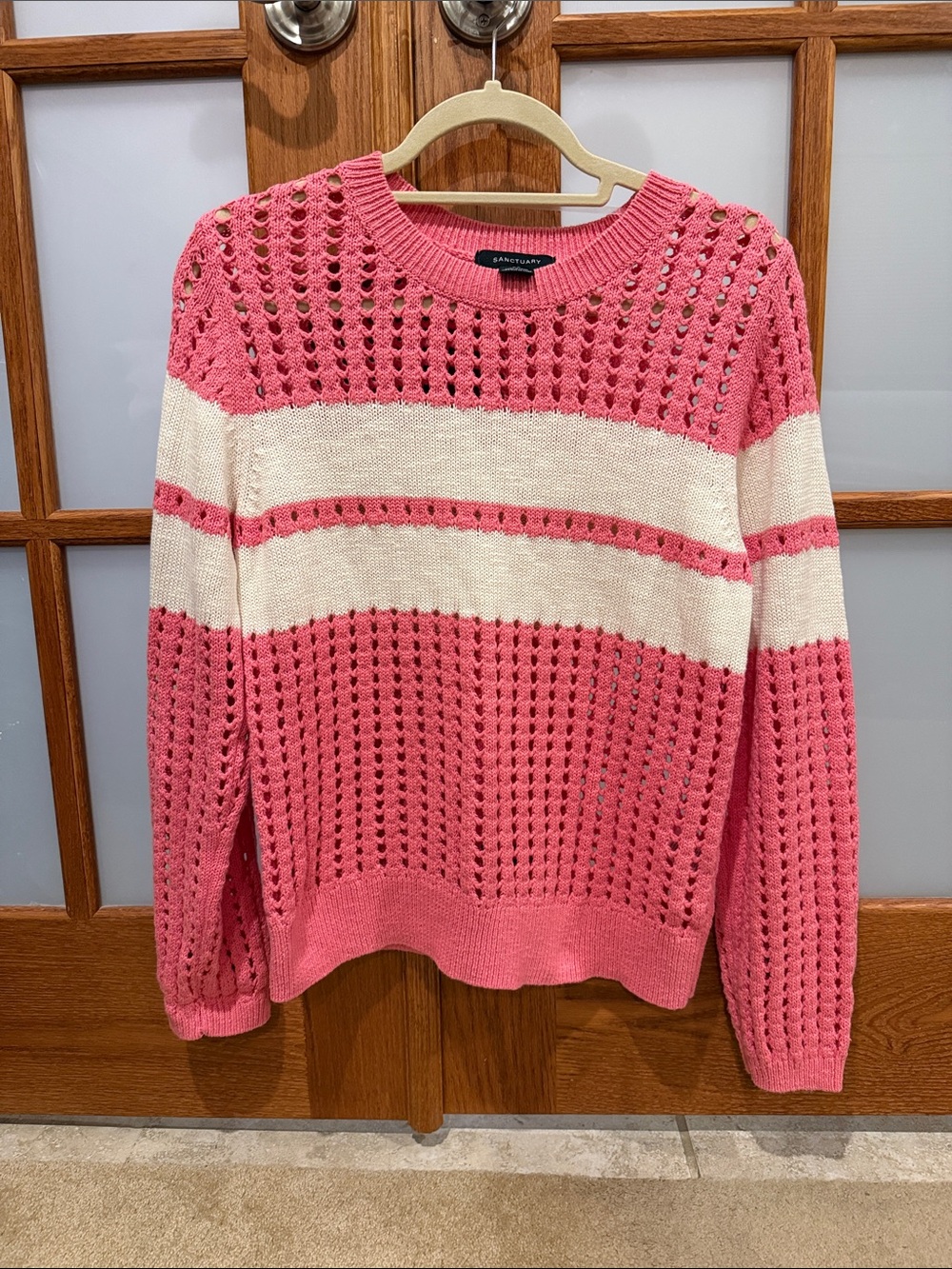 Sanctuary Pink and Cream Striped Open-Knit Crew Sweater NWOT!!